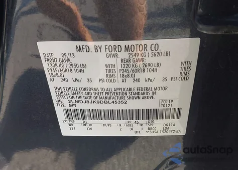 2013 Lincoln Mkx из США, поврежденный, VIN 2LMDJ8JK9DBL45352